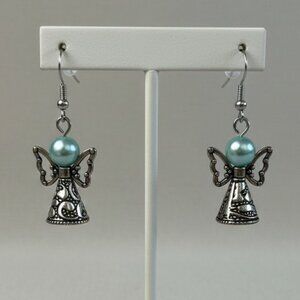Christmas Angel Silver and Pearl Pierced Earrings Mint Green